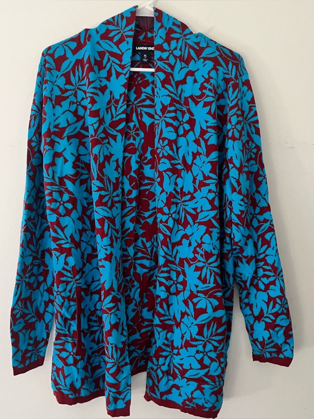 Lands' End Teal and Burgundy Floral Knit Cardigan size XL 18
